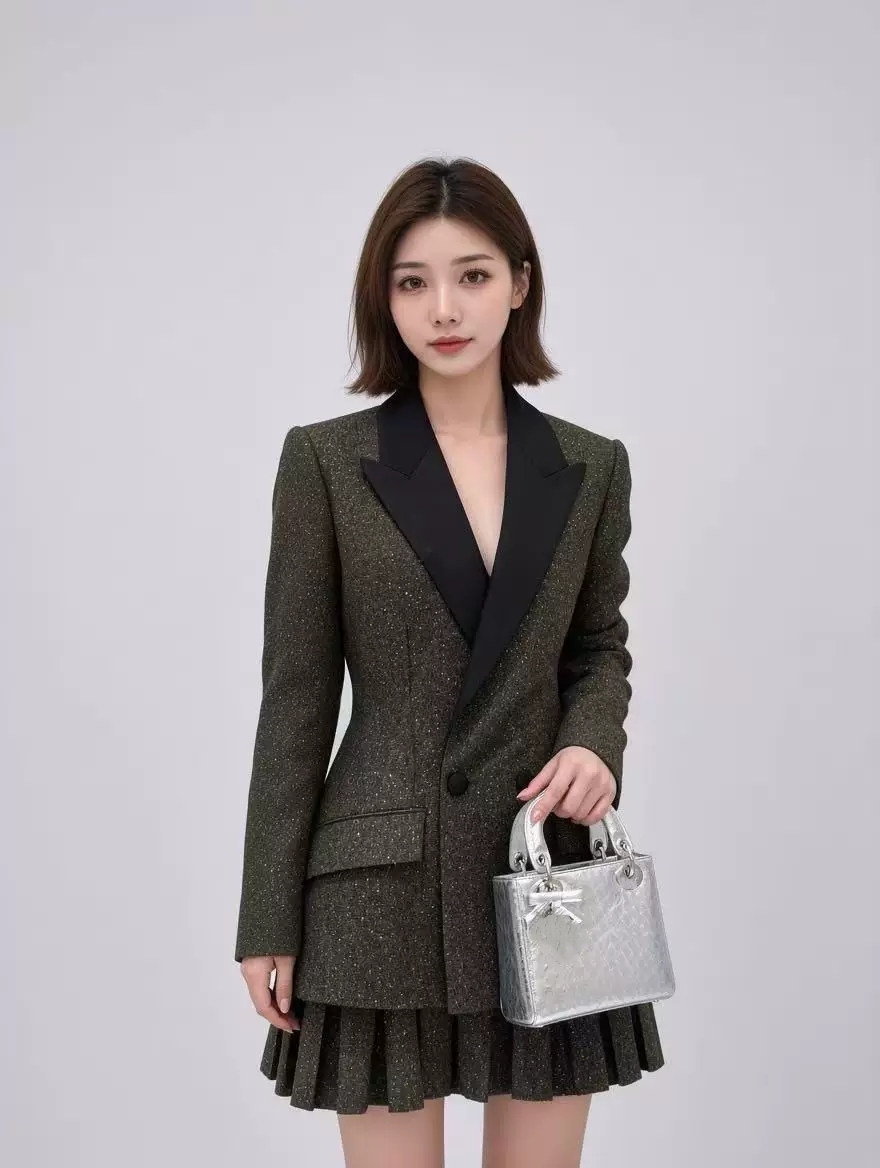 Formal Skirt - Women Premium Green Wool Two Piece